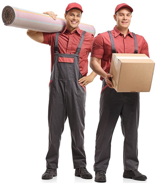 Team 2 trägt Teppich und Kartons in neue Wohnung Team 2 trägt Teppich und Kartons in neue Wohnung